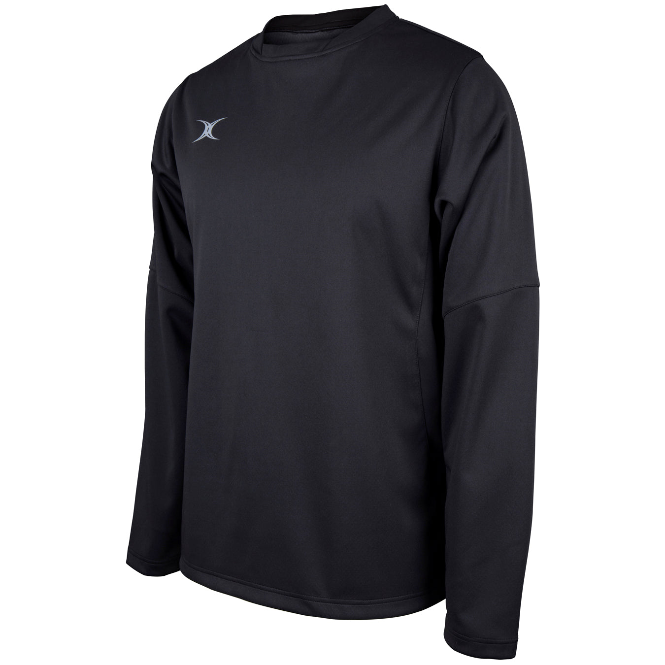 The Gilbert Pro Warm Up Top by Gilbert is a black long-sleeve athletic shirt featuring a crew neck and a small white logo on the left chest, made from breathable stretch fabric and shown on a plain white background.
