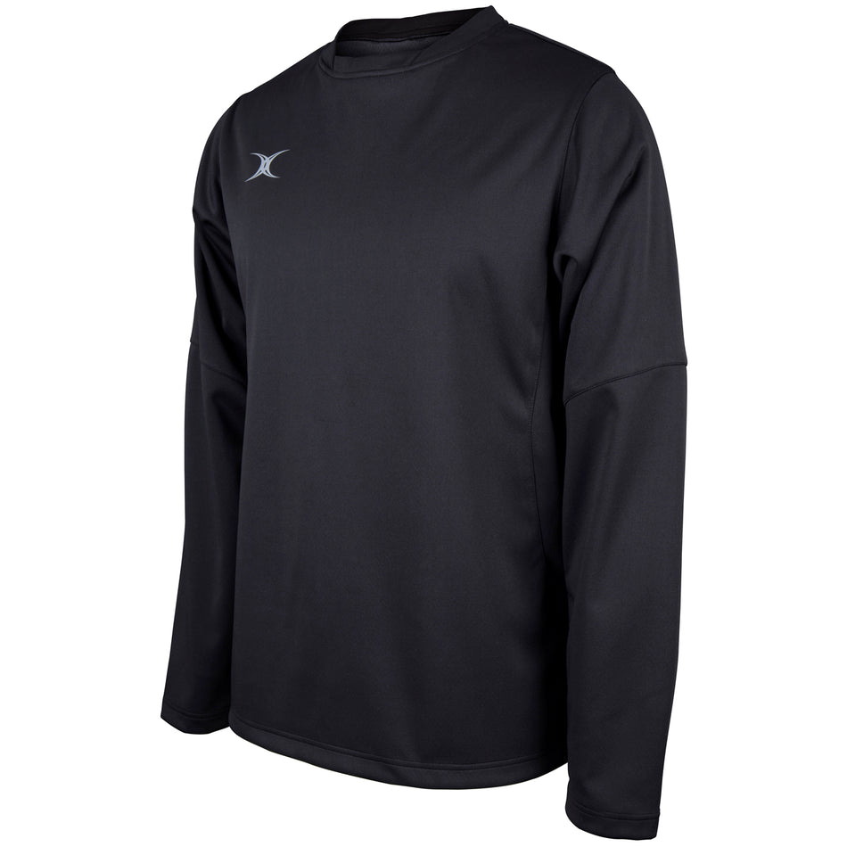 The Gilbert Pro Warm Up Top by Gilbert is a black long-sleeve athletic shirt featuring a crew neck and a small white logo on the left chest, made from breathable stretch fabric and shown on a plain white background.