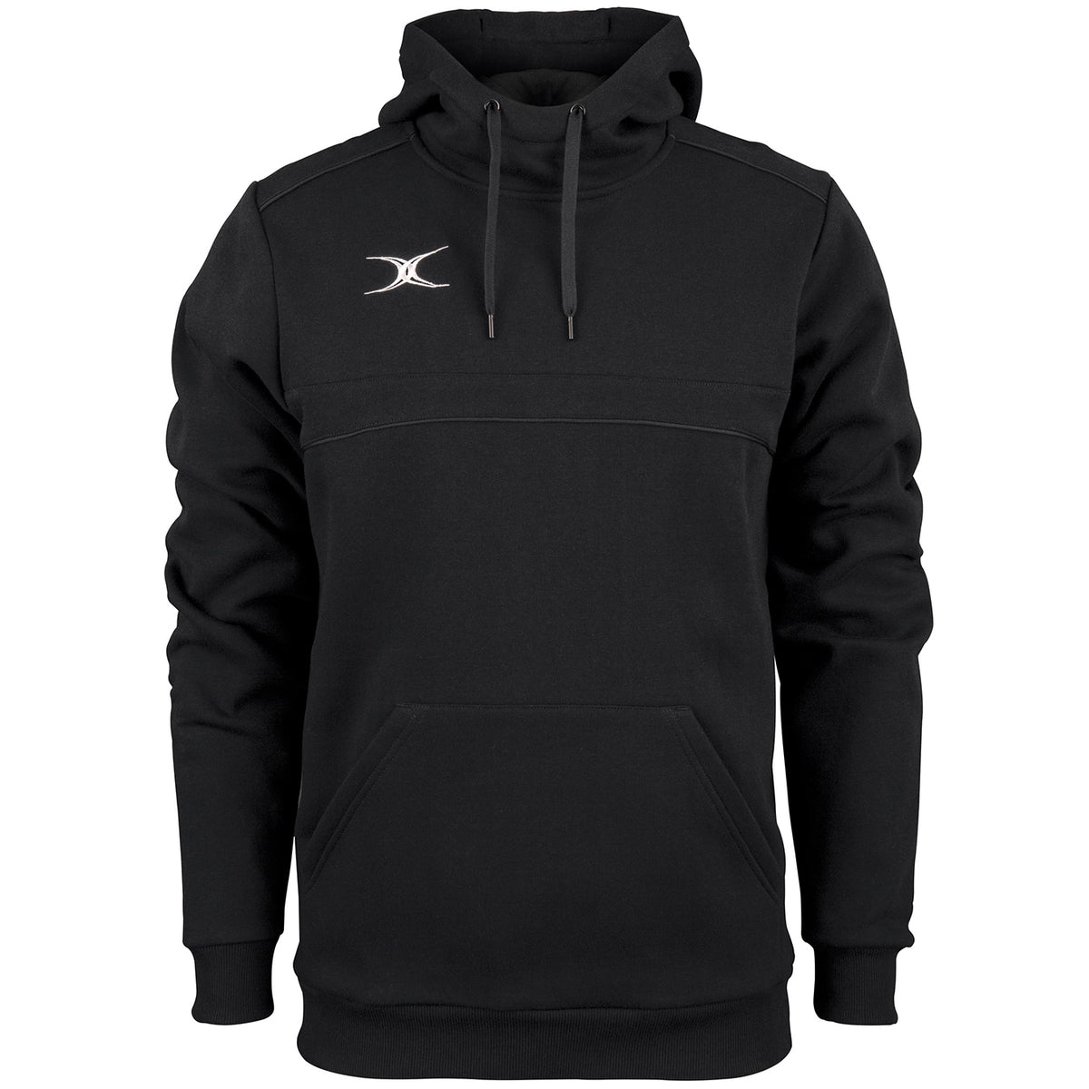 The Gilbert Photon Hoodie by Gilbert is a black fleece-lined sports hoodie with a front pocket, drawstrings, ribbed cuffs and hem, and a small white logo on the left chest for comfort and style.