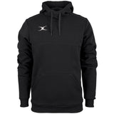 The Gilbert Photon Hoodie by Gilbert is a black fleece-lined sports hoodie with a front pocket, drawstrings, ribbed cuffs and hem, and a small white logo on the left chest for comfort and style.