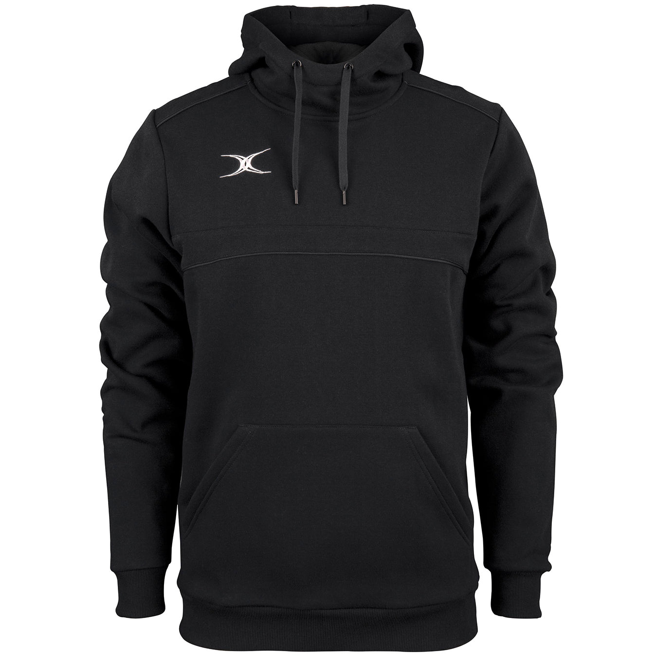The Gilbert Photon Hoodie by Gilbert is a black fleece-lined sports hoodie with a front pocket, drawstrings, ribbed cuffs and hem, and a small white logo on the left chest for comfort and style.