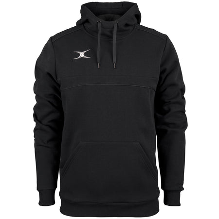 The Gilbert Photon Hoodie by Gilbert is a black fleece-lined sports hoodie with a front pocket, drawstrings, ribbed cuffs and hem, and a small white logo on the left chest for comfort and style.
