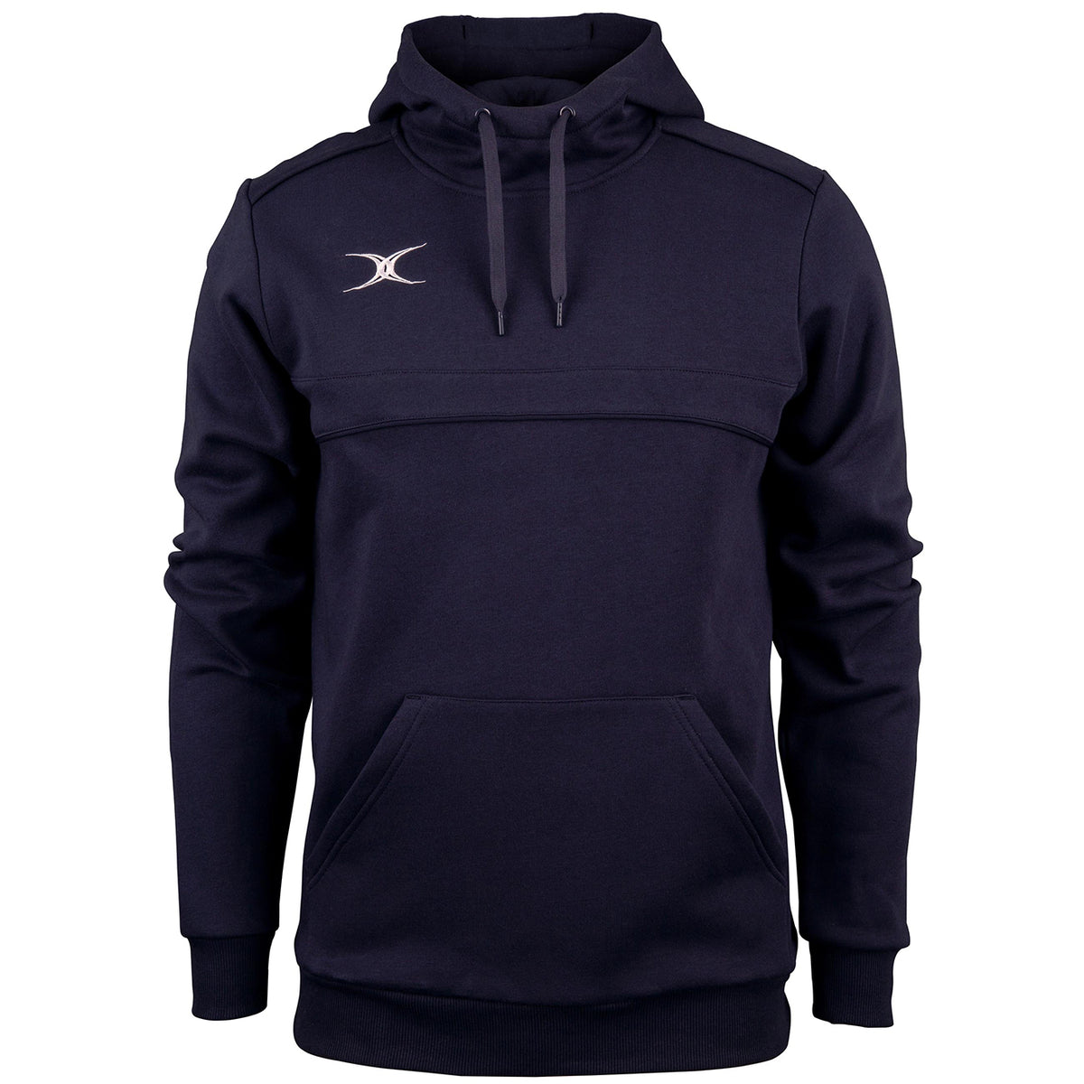 Stay warm in the Gilbert Photon Hoodie by Gilbert, featuring a dark navy fleece-lined design, front pouch pocket, matching drawstrings, long sleeves, relaxed fit, and a small white crescent moon logo on the upper left chest.