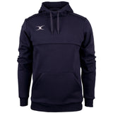 Stay warm in the Gilbert Photon Hoodie by Gilbert, featuring a dark navy fleece-lined design, front pouch pocket, matching drawstrings, long sleeves, relaxed fit, and a small white crescent moon logo on the upper left chest.