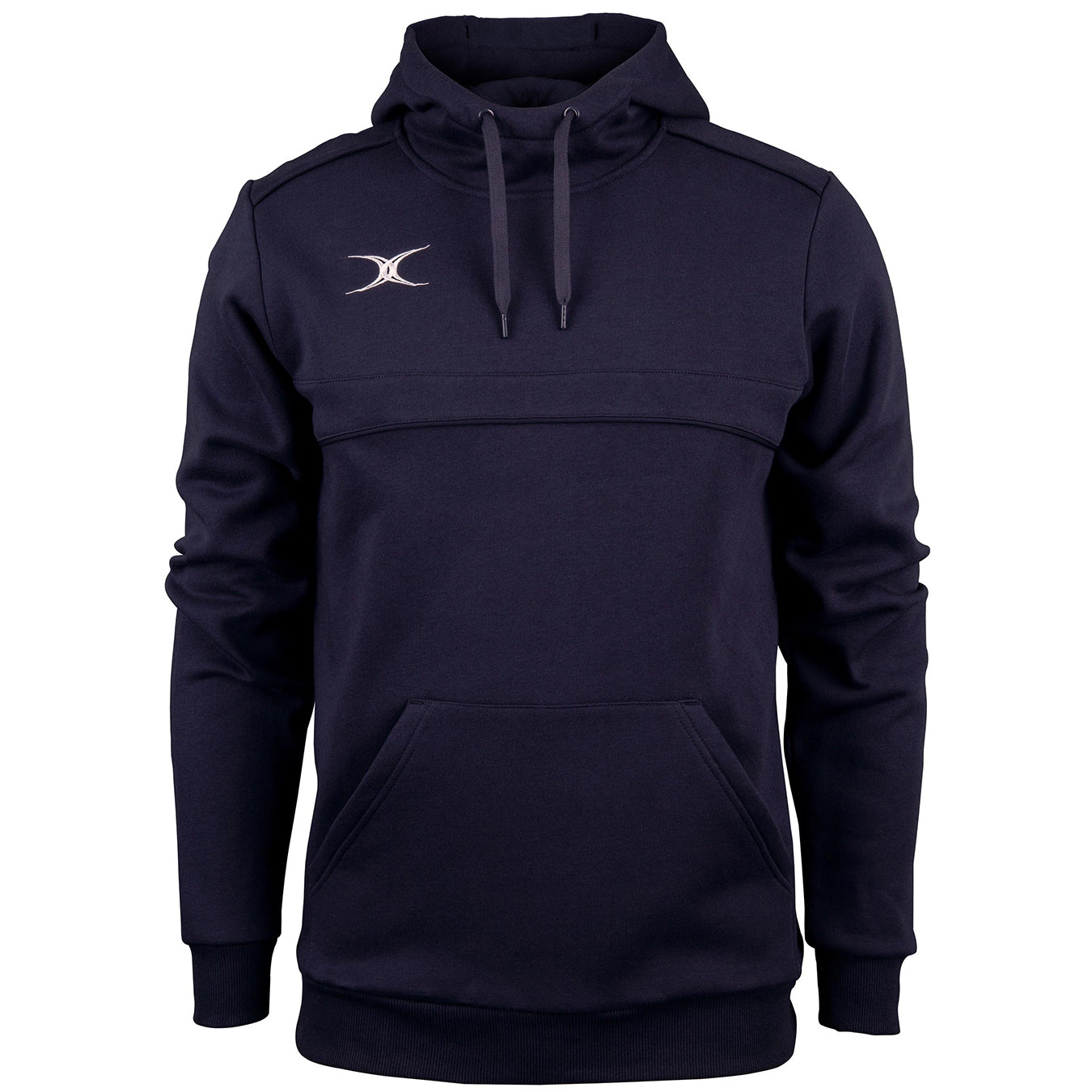 Stay warm in the Gilbert Photon Hoodie by Gilbert, featuring a dark navy fleece-lined design, front pouch pocket, matching drawstrings, long sleeves, relaxed fit, and a small white crescent moon logo on the upper left chest.