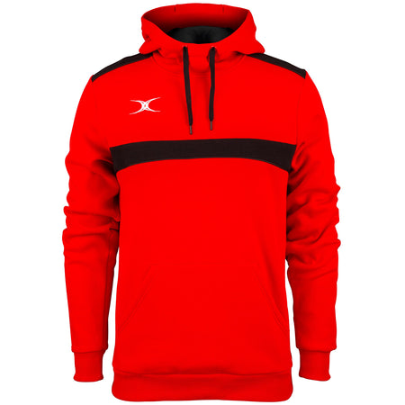 The Gilbert Photon Hoodie by Gilbert features a red/black design with a black stripe across the chest and shoulders, front kangaroo pocket, black drawstrings, and a small white logo. Fleece-lined for warmth with sporty style.
