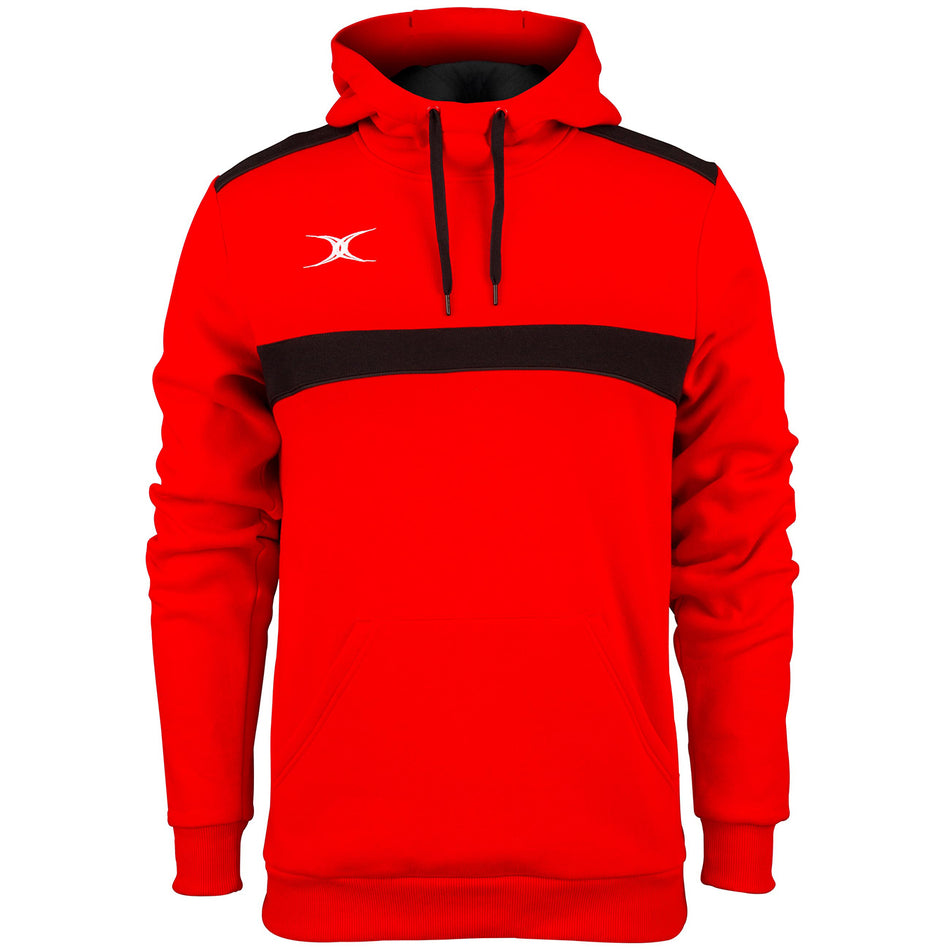 The Gilbert Photon Hoodie by Gilbert features a red/black design with a black stripe across the chest and shoulders, front kangaroo pocket, black drawstrings, and a small white logo. Fleece-lined for warmth with sporty style.