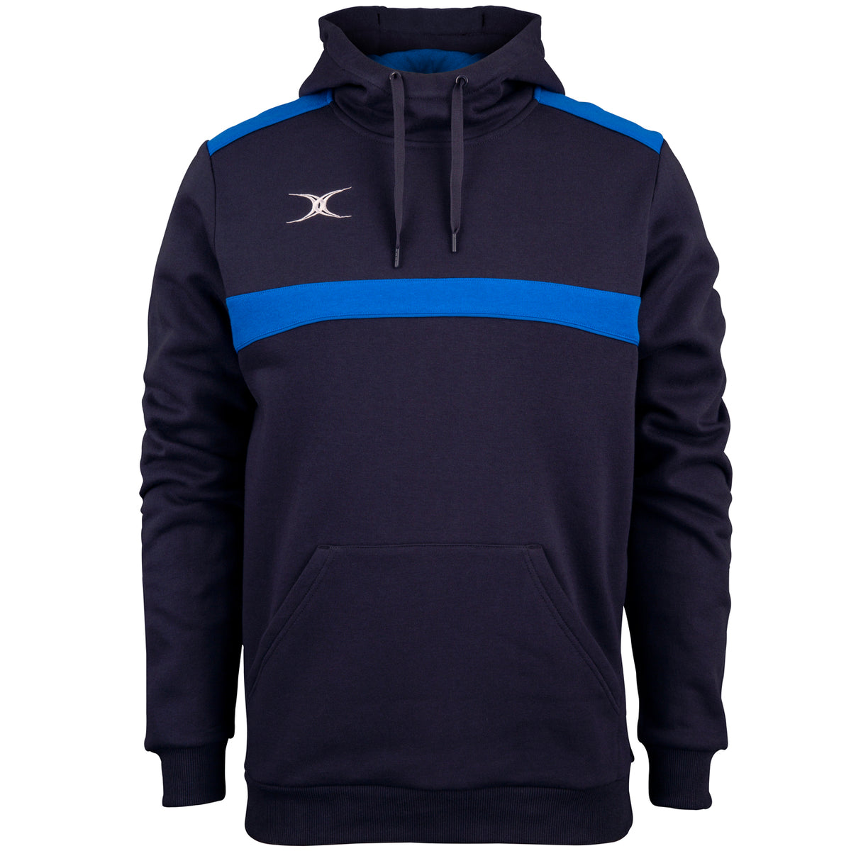 Stay cozy in the Gilbert Photon Hoodie—a Navy/Royal fleece-lined hoodie with a front pouch, blue chest stripe, white logo, and adjustable drawstring hood. The perfect warm sports layer for cooler days.