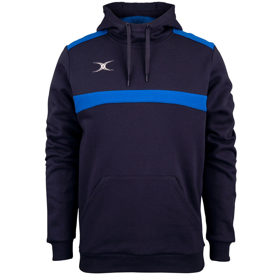 Stay cozy in the Gilbert Photon Hoodie—a Navy/Royal fleece-lined hoodie with a front pouch, blue chest stripe, white logo, and adjustable drawstring hood. The perfect warm sports layer for cooler days.