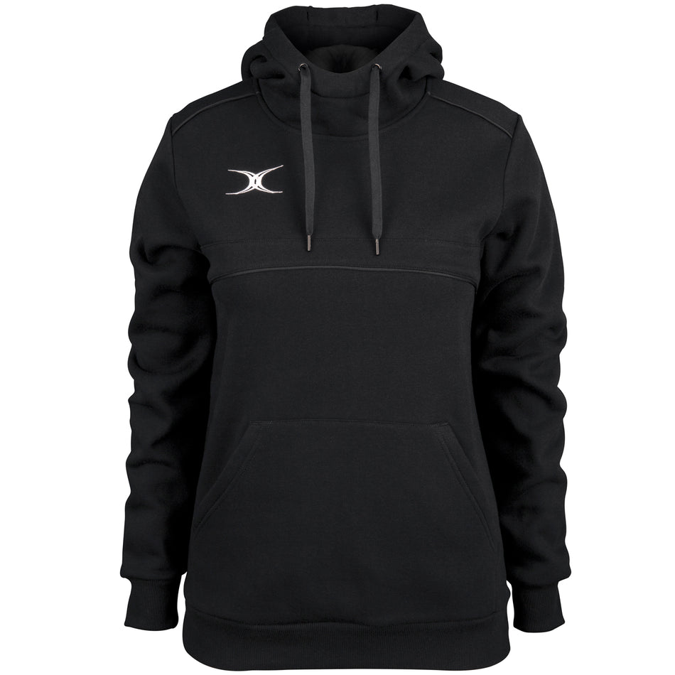 The Gilbert Womens Photon Hoodie is a black sports hoodie featuring a front pocket, drawstrings, and a small white Gilbert logo on the left chest—perfect for women’s rugby or casual wear.