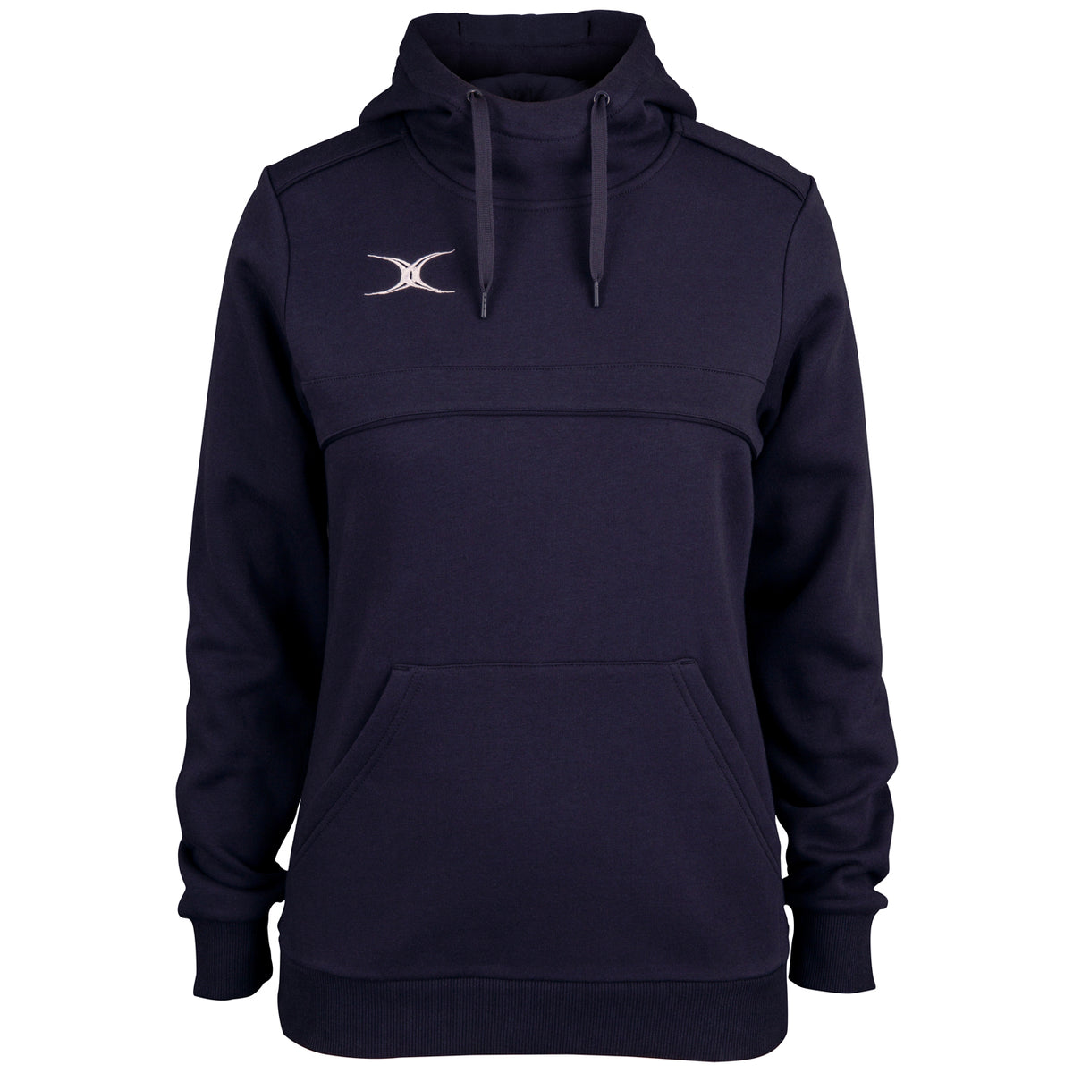The Gilbert Womens Photon Hoodie by Gilbert is a navy blue hoodie featuring a kangaroo pocket, adjustable drawstrings, and a small white crescent moon logo—ideal for women’s rugby clothing collections.