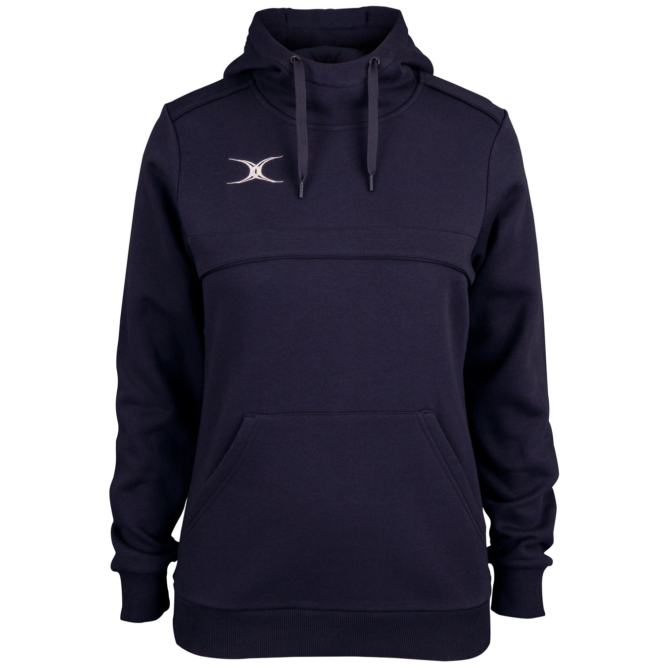 The Gilbert Womens Photon Hoodie by Gilbert is a navy blue hoodie featuring a kangaroo pocket, adjustable drawstrings, and a small white crescent moon logo—ideal for women’s rugby clothing collections.