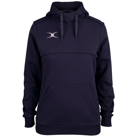 The Gilbert Womens Photon Hoodie by Gilbert is a navy blue hoodie featuring a kangaroo pocket, adjustable drawstrings, and a small white crescent moon logo—ideal for women’s rugby clothing collections.