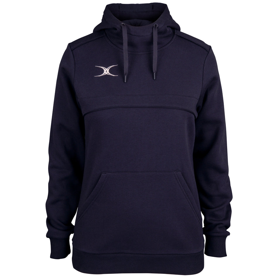 The Gilbert Womens Photon Hoodie by Gilbert is a navy blue hoodie featuring a kangaroo pocket, adjustable drawstrings, and a small white crescent moon logo—ideal for women’s rugby clothing collections.