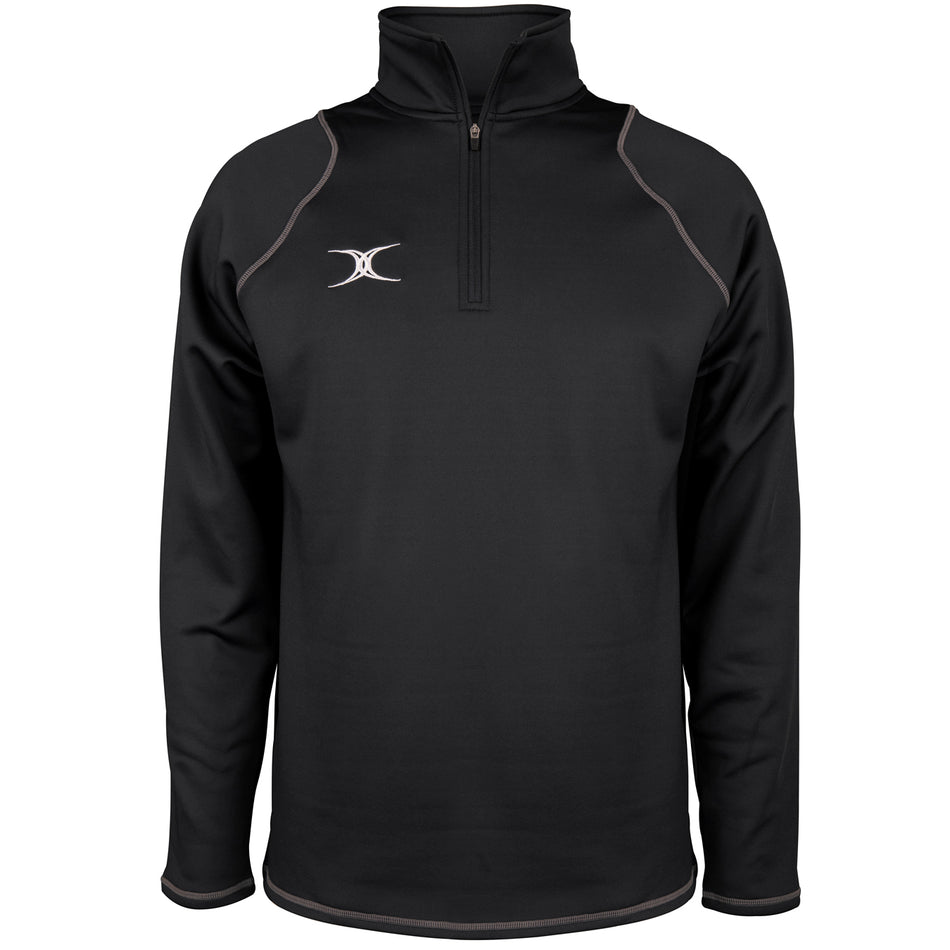 The Gilbert Quest II Fleece by Gilbert is a black long-sleeve performance fleece pullover with a quarter-zip front, light gray seam accents, high collar, straight hem, and a small white embroidered logo on the left chest.