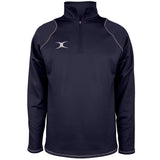 The Gilbert Quest II Fleece by Gilbert is a navy blue quarter-zip pullover with long sleeves, light gray seam piping, and a small white crescent-shaped logo on the left chest.