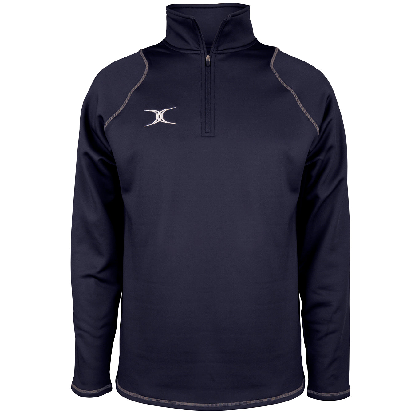 The Gilbert Quest II Fleece by Gilbert is a navy blue quarter-zip pullover with long sleeves, light gray seam piping, and a small white crescent-shaped logo on the left chest.