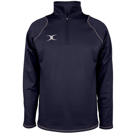 The Gilbert Quest II Fleece by Gilbert is a navy blue quarter-zip pullover with long sleeves, light gray seam piping, and a small white crescent-shaped logo on the left chest.
