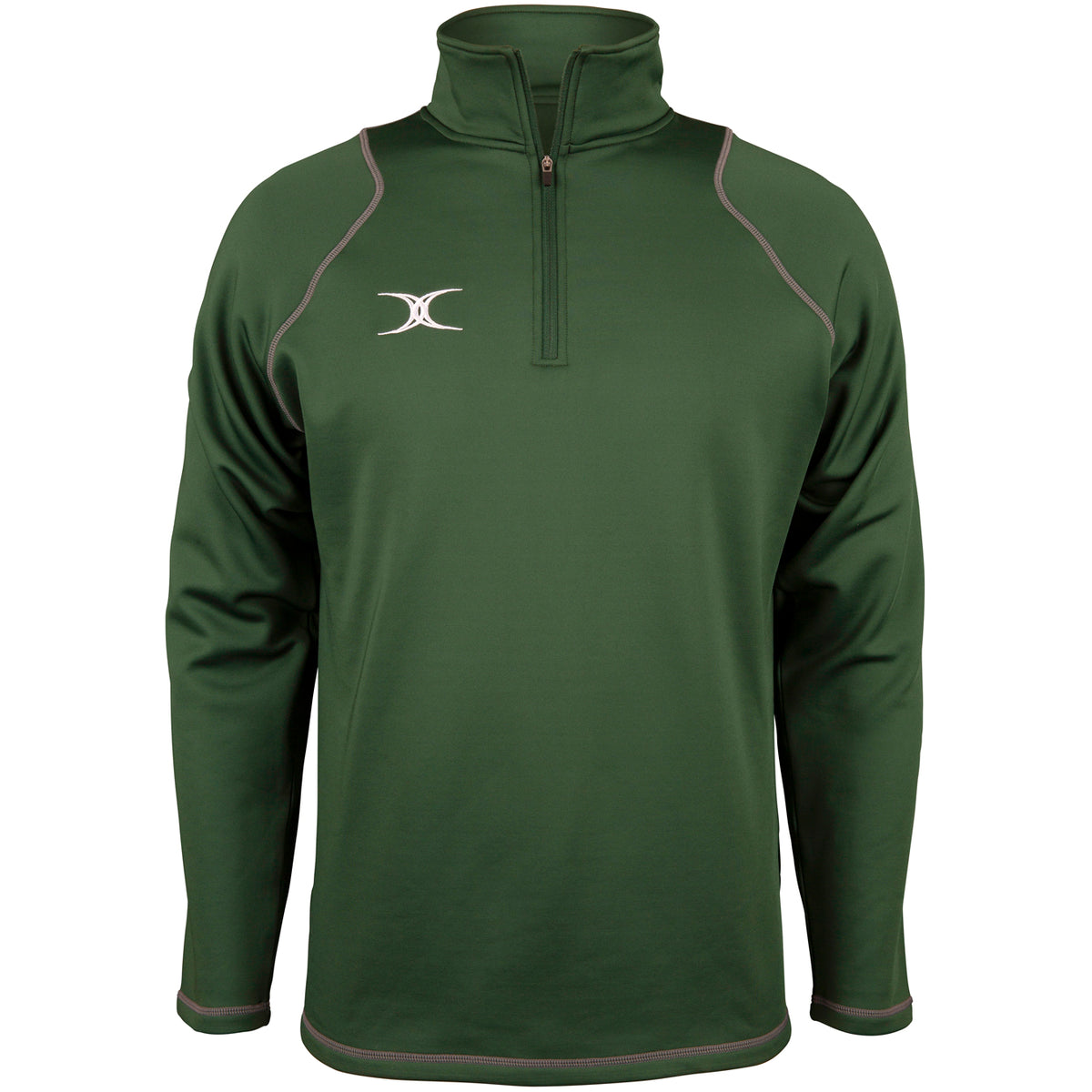 The Gilbert Quest II Fleece by Gilbert is a dark green performance fleece pullover with long sleeves, a quarter-zip collar, light gray piping on the shoulders and seams, and a small white logo embroidered on the left chest.