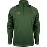 The Gilbert Quest II Fleece by Gilbert is a dark green performance fleece pullover with long sleeves, a quarter-zip collar, light gray piping on the shoulders and seams, and a small white logo embroidered on the left chest.