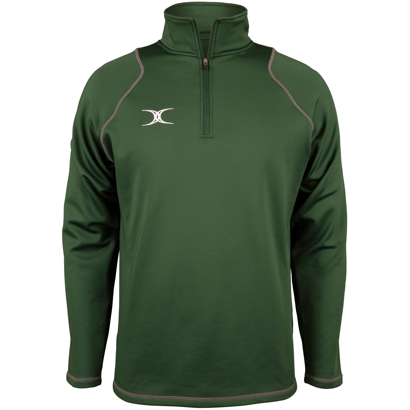The Gilbert Quest II Fleece by Gilbert is a dark green performance fleece pullover with long sleeves, a quarter-zip collar, light gray piping on the shoulders and seams, and a small white logo embroidered on the left chest.