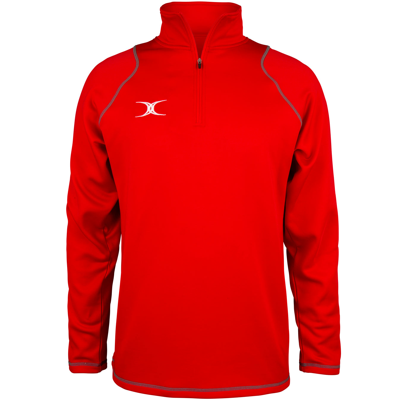 The Gilbert Quest II Fleece by Gilbert is a bright red, long-sleeve micro polyester pullover with a quarter-zip front, grey seams, and a white logo on the left chest, displayed on a plain white background.
