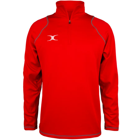 The Gilbert Quest II Fleece by Gilbert is a bright red, long-sleeve micro polyester pullover with a quarter-zip front, grey seams, and a white logo on the left chest, displayed on a plain white background.
