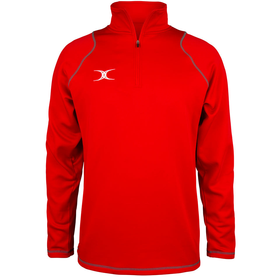 The Gilbert Quest II Fleece by Gilbert is a bright red, long-sleeve micro polyester pullover with a quarter-zip front, grey seams, and a white logo on the left chest, displayed on a plain white background.