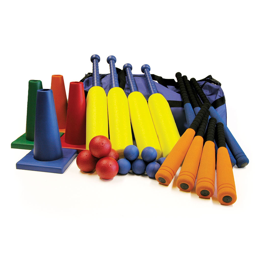 The Mastersport Rounders School Starter Kit includes colorful foam bats, rubber foam balls, and cones in blue, red, yellow, green, and orange—neatly arranged with a purple carrying bag.