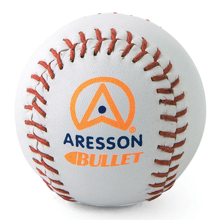 The Aresson Bullet Rounders Ball is a white ball with red stitching, made from durable synthetic leather, and features the blue and orange Aresson Bullet logo printed on its surface.