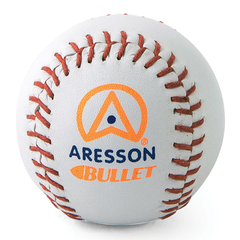 The Aresson Bullet Rounders Ball is a white ball with red stitching, made from durable synthetic leather, and features the blue and orange Aresson Bullet logo printed on its surface.