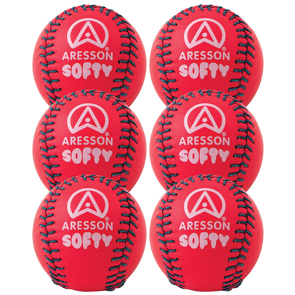 Six pink Aresson Softy Rounders Balls are arranged in two columns of three. Perfect for junior practice, the Aresson brand name and logo are printed in white on each ball. Available as a 6 pack.