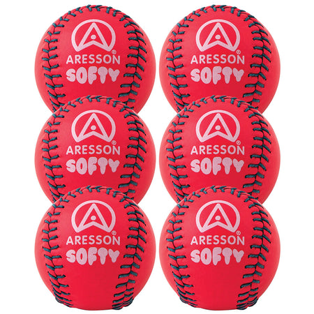 Six pink Aresson Softy Rounders Balls are arranged in two columns of three. Perfect for junior practice, the Aresson brand name and logo are printed in white on each ball. Available as a 6 pack.