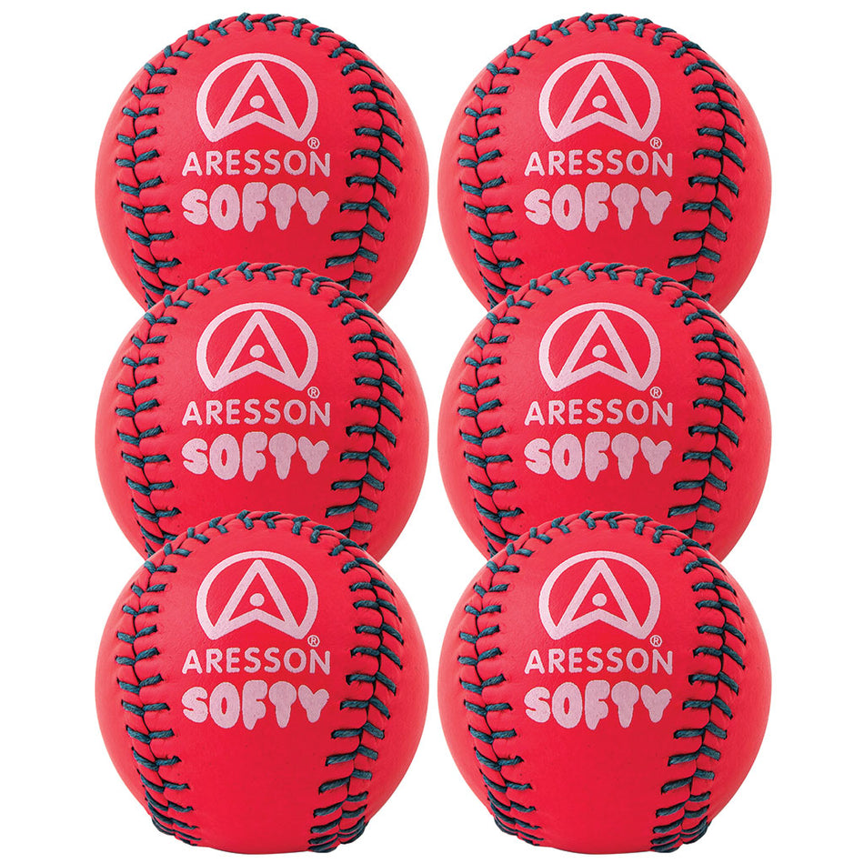 Six pink Aresson Softy Rounders Balls are arranged in two columns of three. Perfect for junior practice, the Aresson brand name and logo are printed in white on each ball. Available as a 6 pack.