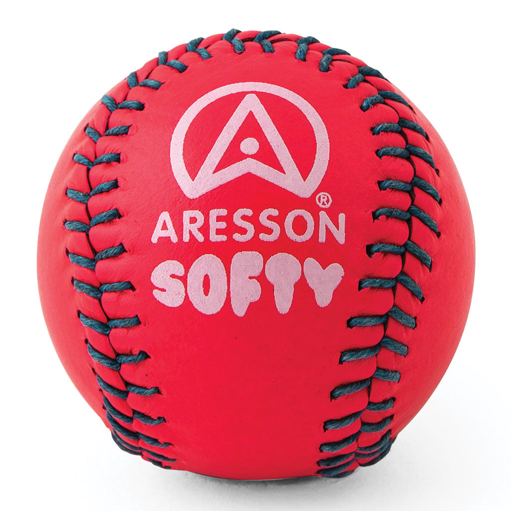 A pink Aresson Softy Rounders Ball with black stitching, featuring the white Aresson logo and "ARESSON SOFTY" print—ideal as a practice ball for junior use.