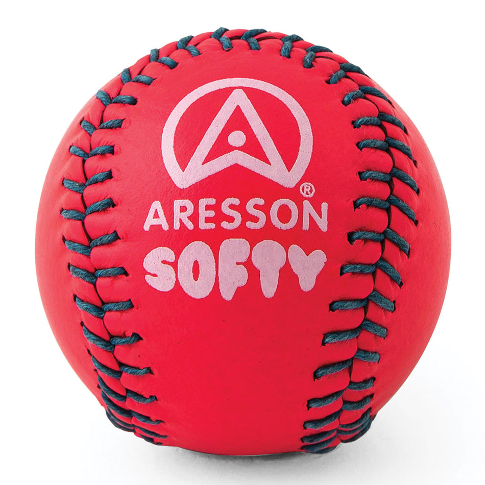 A pink Aresson Softy Rounders Ball with black stitching, featuring the white Aresson logo and "ARESSON SOFTY" print—ideal as a practice ball for junior use.