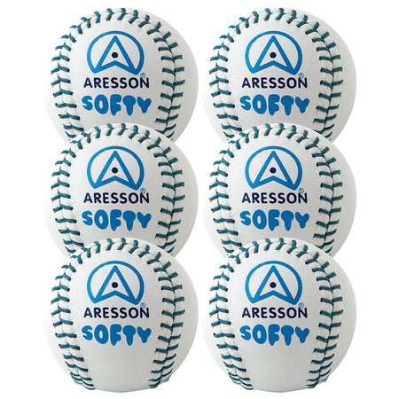 The Aresson Softy Rounders Ball White 6 Pack includes six white practice balls with blue stitching and the Aresson logo, perfect for junior use. Balls are arranged in two vertical columns.