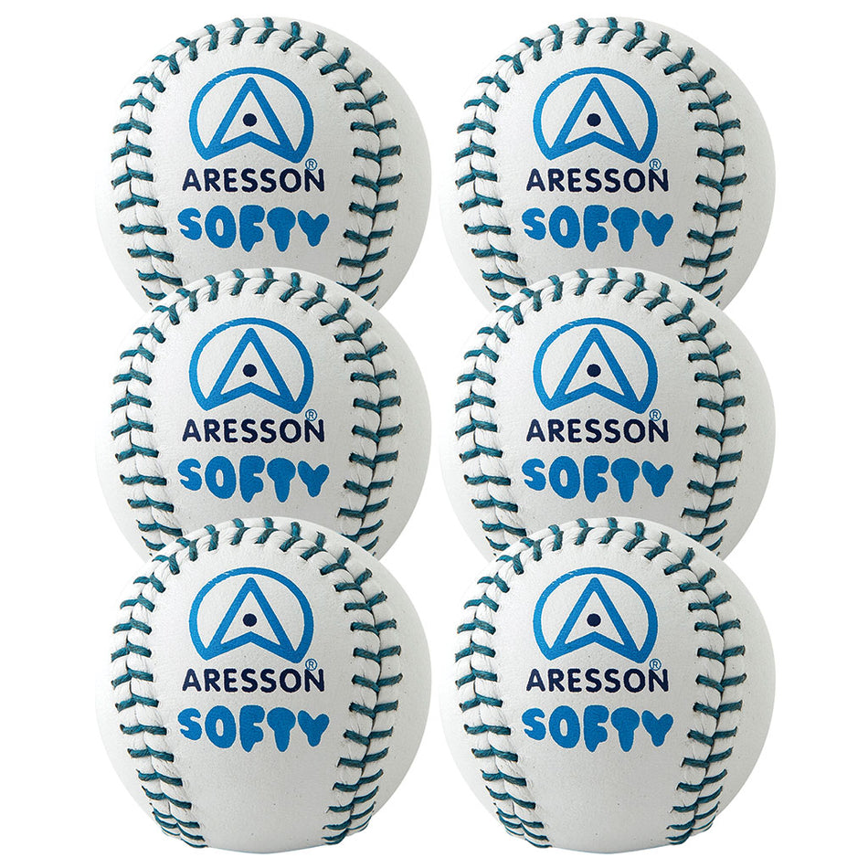 The Aresson Softy Rounders Ball White 6 Pack includes six white practice balls with blue stitching and the Aresson logo, perfect for junior use. Balls are arranged in two vertical columns.