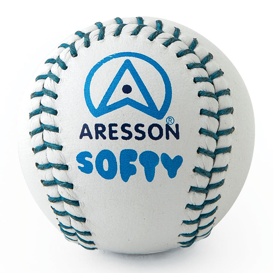 The Aresson Softy Rounders Ball is a white, soft ball with blue stitching and "ARESSON SOFTY" printed in blue, plus a blue logo. Ideal for training, this Aresson rounders ball is Rounders England Approved for quality play.