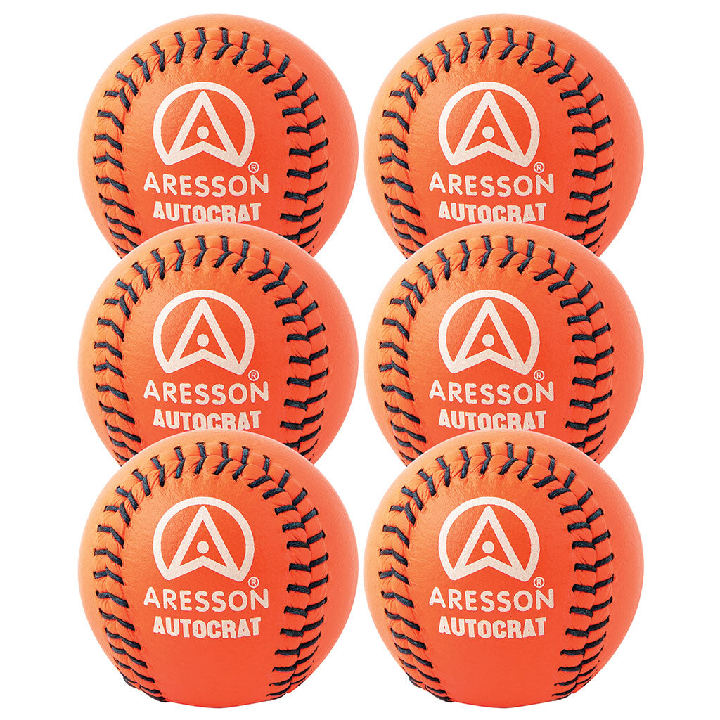 Six bright orange Aresson Autocrat Rounders Balls from the 6 Pack are arranged in two vertical rows of three on a white background, each featuring black stitching and the Aresson logo and brand name.