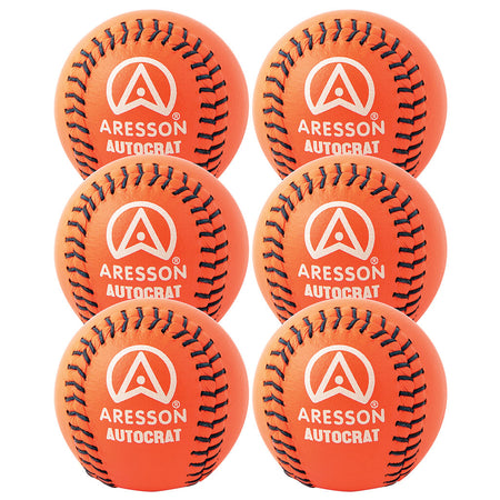 Six bright orange Aresson Autocrat Rounders Balls from the 6 Pack are arranged in two vertical rows of three on a white background, each featuring black stitching and the Aresson logo and brand name.