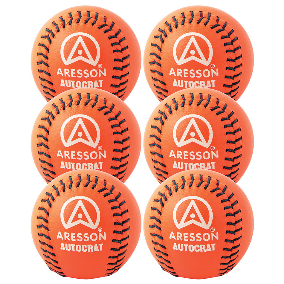 Six bright orange Aresson Autocrat Rounders Balls from the 6 Pack are arranged in two vertical rows of three on a white background, each featuring black stitching and the Aresson logo and brand name.