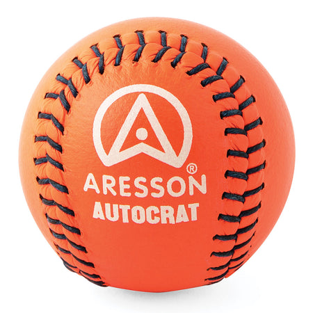 The Aresson Autocrat Rounders Ball (Orange) features fluorescent orange coloring, black stitching, and a white stylized "Aresson Autocrat" logo on its match-quality surface.