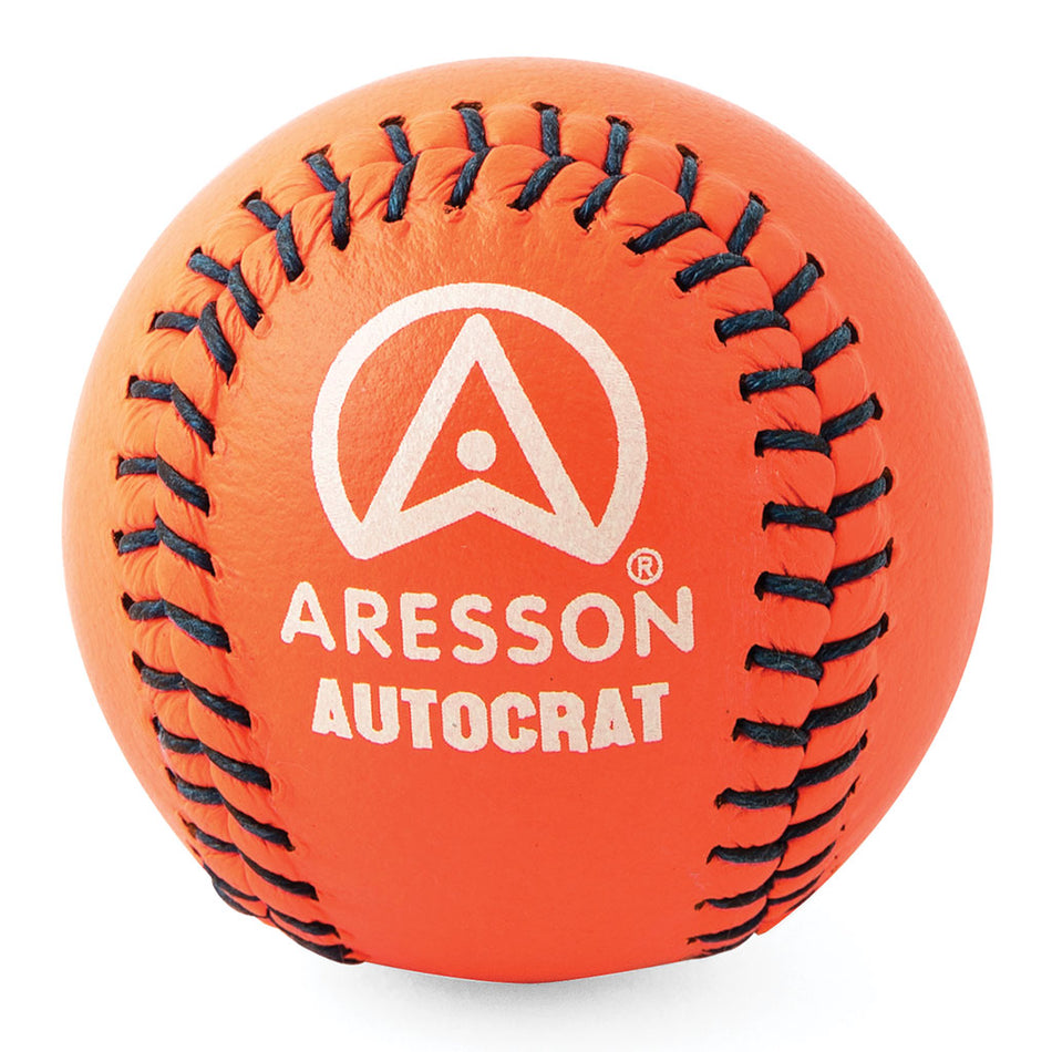 The Aresson Autocrat Rounders Ball (Orange) features fluorescent orange coloring, black stitching, and a white stylized "Aresson Autocrat" logo on its match-quality surface.