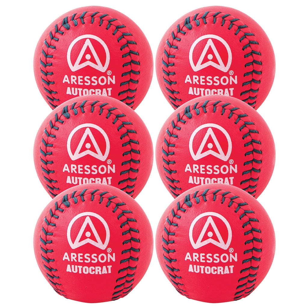 Six bright pink Aresson Autocrat Rounders Balls are arranged in two columns of three against a white background, each ball displaying the Aresson brand logo and name in white print. Pack contains 6 Rounders England approved balls.