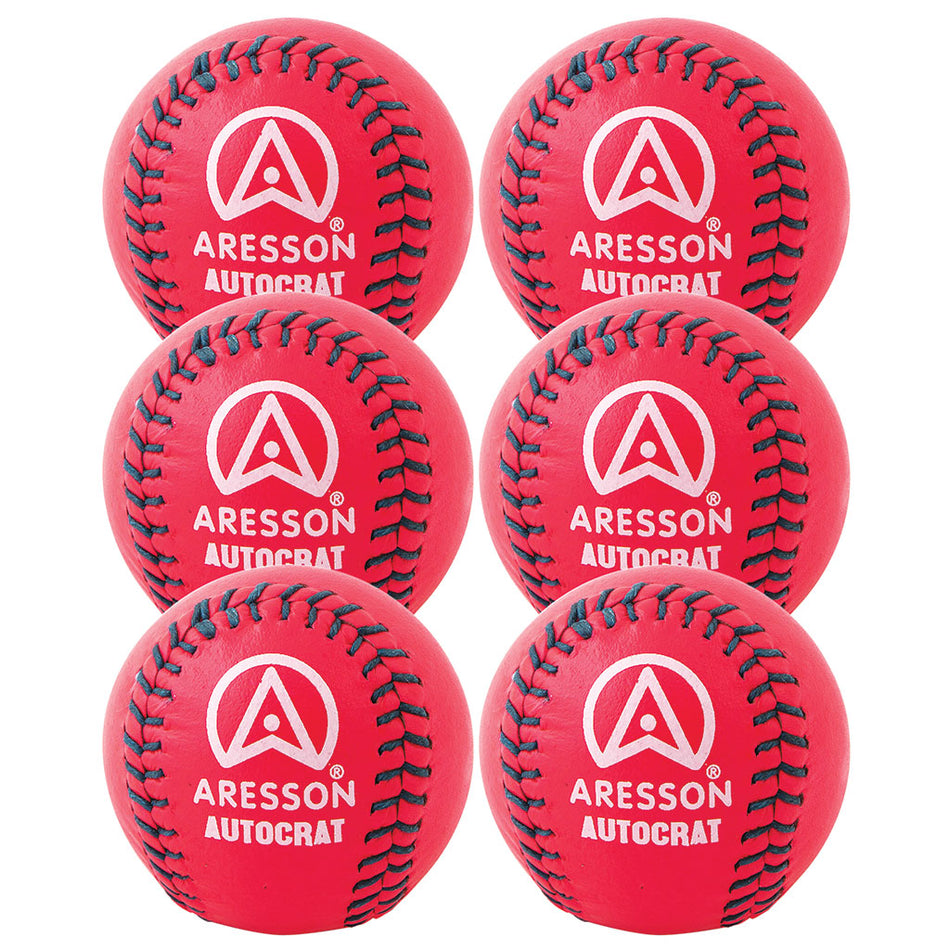 Six bright pink Aresson Autocrat Rounders Balls are arranged in two columns of three against a white background, each ball displaying the Aresson brand logo and name in white print. Pack contains 6 Rounders England approved balls.