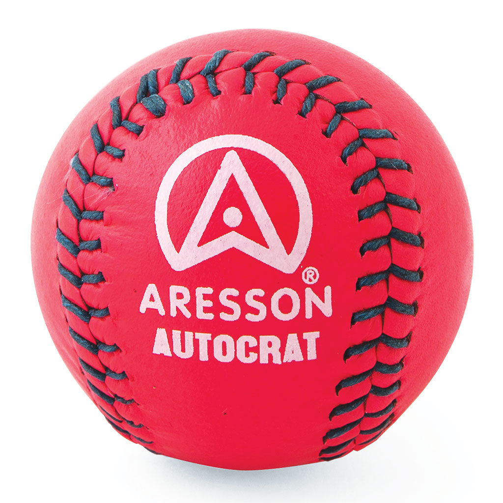 The Aresson Autocrat Rounders Ball (Pink) features fluorescent pink with black stitching, the white Aresson logo, and is Rounders England Approved—making it highly visible on the field.