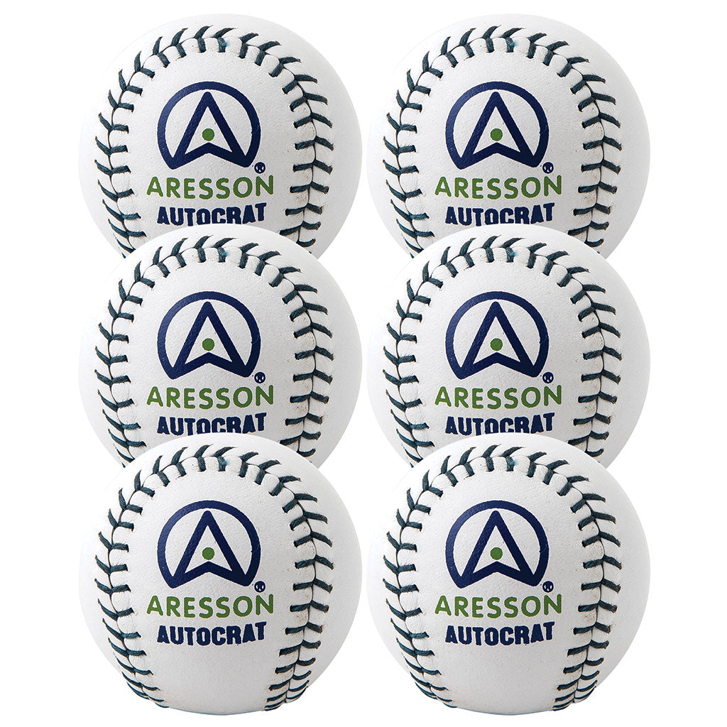 Six Aresson Super Match Rounders Balls, in white with blue and green Aresson logos, are arranged in two vertical columns of three against a white background—showcasing the classic match ball by Aresson.