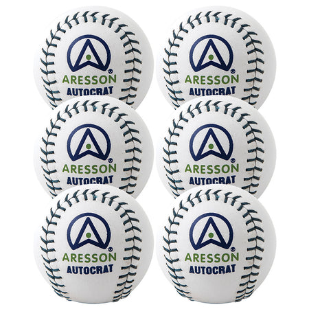 Six Aresson Super Match Rounders Balls, in white with blue and green Aresson logos, are arranged in two vertical columns of three against a white background—showcasing the classic match ball by Aresson.