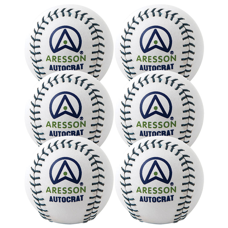 Six Aresson Super Match Rounders Balls, in white with blue and green Aresson logos, are arranged in two vertical columns of three against a white background—showcasing the classic match ball by Aresson.